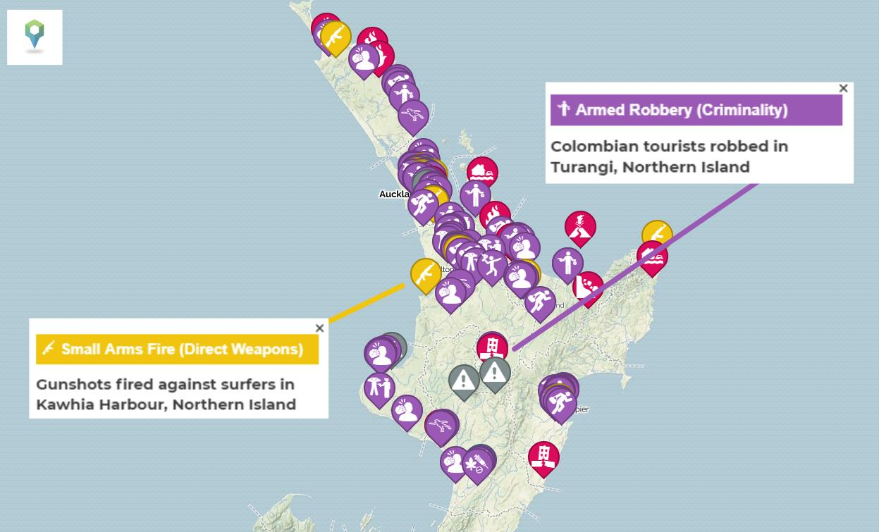 A map showing the crime against tourists in New Zealand and how safe it is to travel to NZ